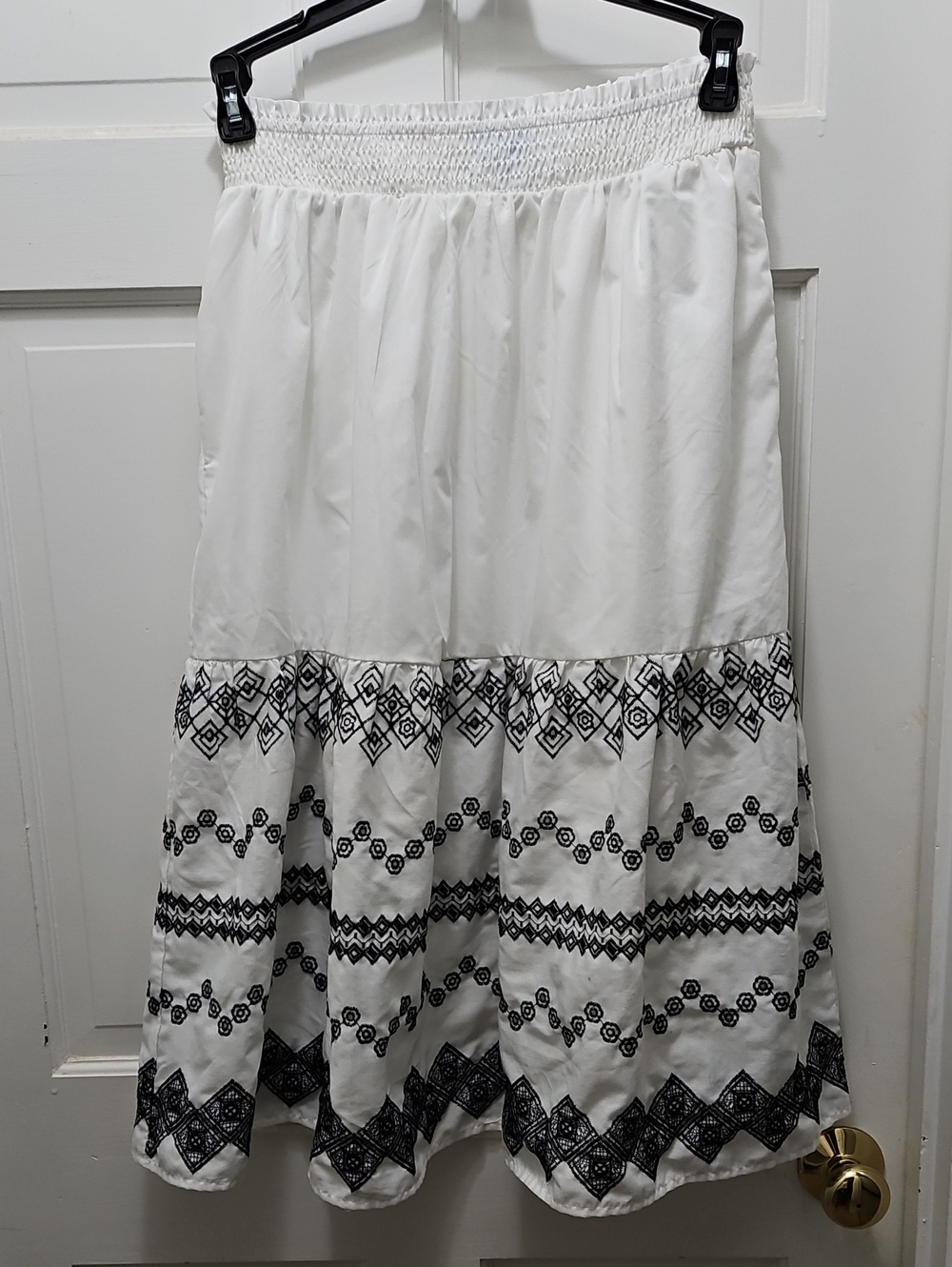 Draper James White Midi Skirt with Black Geometric Embroidery